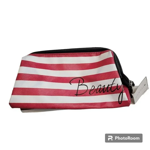Macy's Makeup Bag, OS, Red White Striped, Zipper Closure, Expands, New  w/Tags